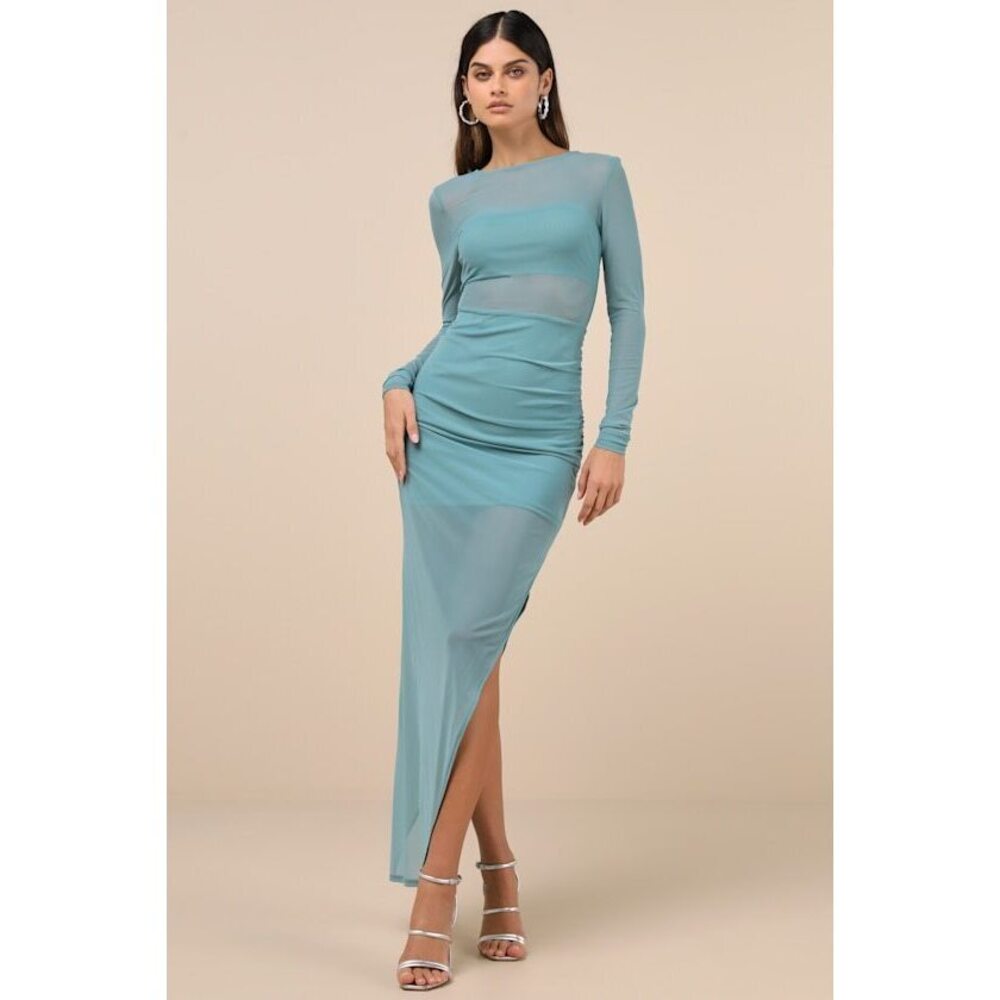Lulus Alluring Silhouette Blue Sheer Mesh Backless Maxi Dress - Size S